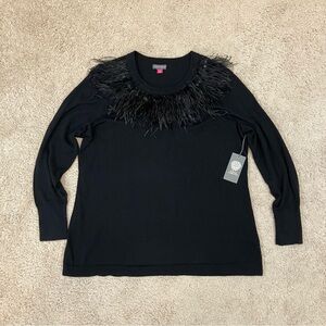 Vince Camuto Women’s Crewneck Sweater 1X with Ostrich Feather Accents Black